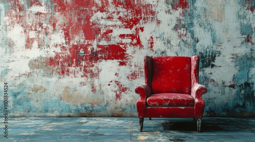 Vintage Red Armchair Against Distressed Wall