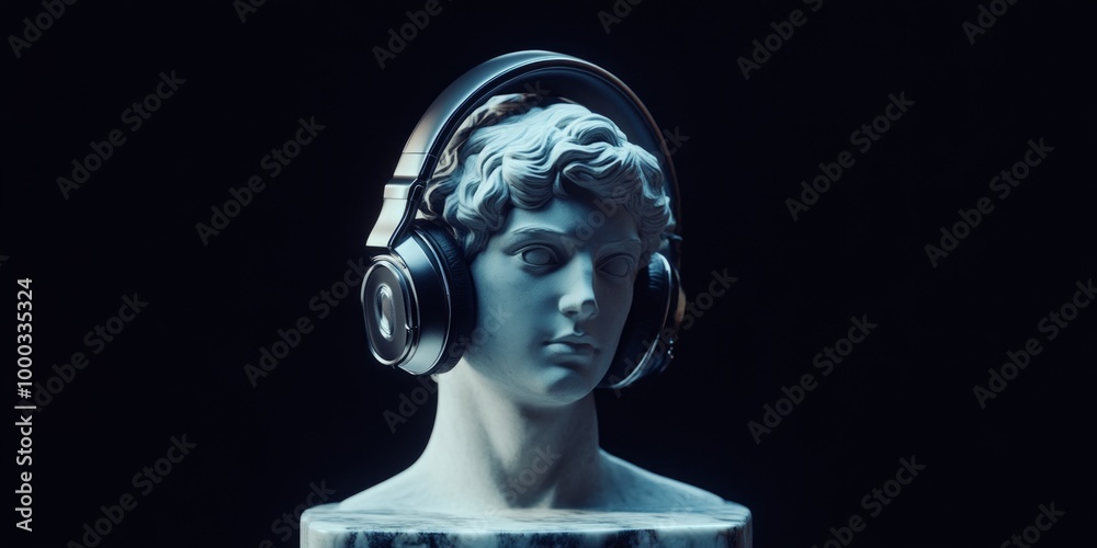 A classic bust wears modern headphones in this stylish image. The fusion of art and technology creates a unique visual experience. Perfect for music and art enthusiasts. AI A classic bust wears modern headphones in this stylish image. The fusion of art and technology creates a unique visual experience. Perfect for music and art enthusiasts. AI