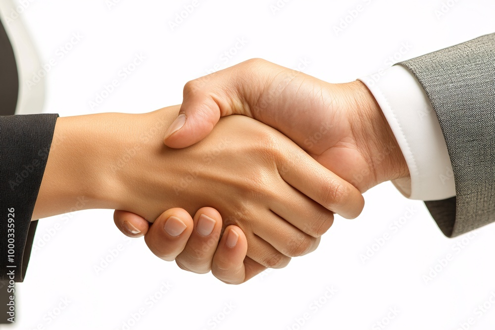 Successful Business Partnership - Businessman and Businesswoman Shaking Hands with Smiles of Accomplishment on White Background Successful Business Partnership - Businessman and Businesswoman Shaking Hands with Smiles of Accomplishment on White Background