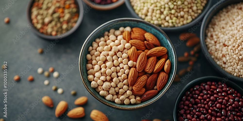 Assorted Legumes and Nuts on Dark Background Assorted Legumes and Nuts on Dark Background