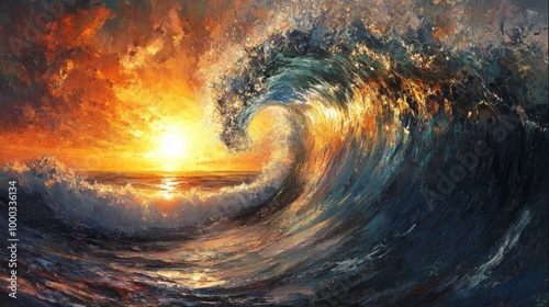 Fiery Sunset over Turbulent Ocean Wave