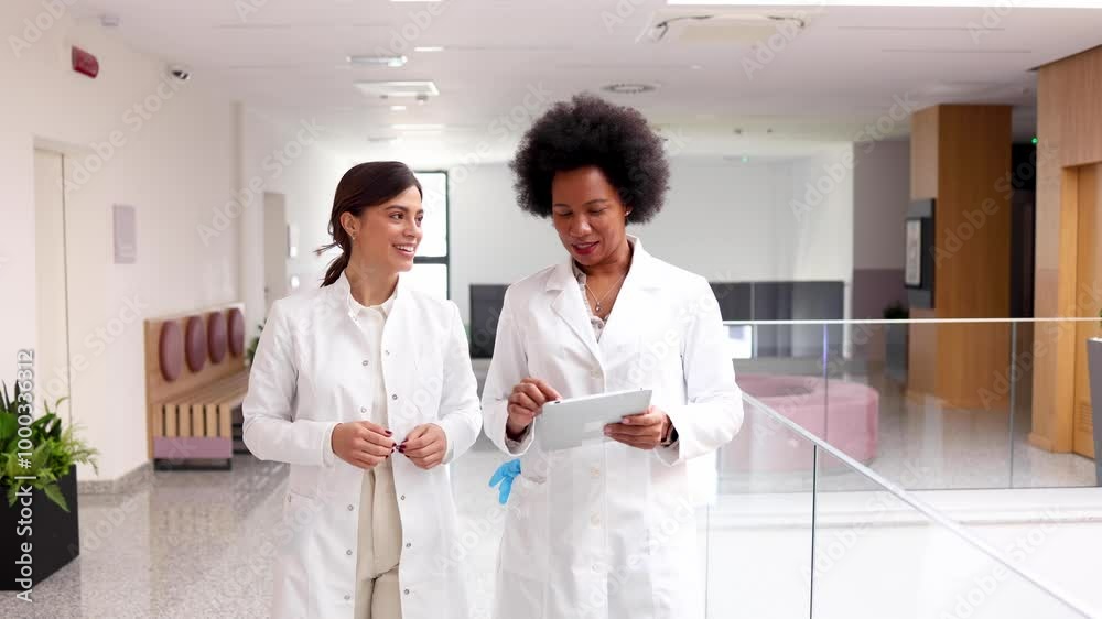African American female doctor and her young colleague chatting at the hallway of the hospital