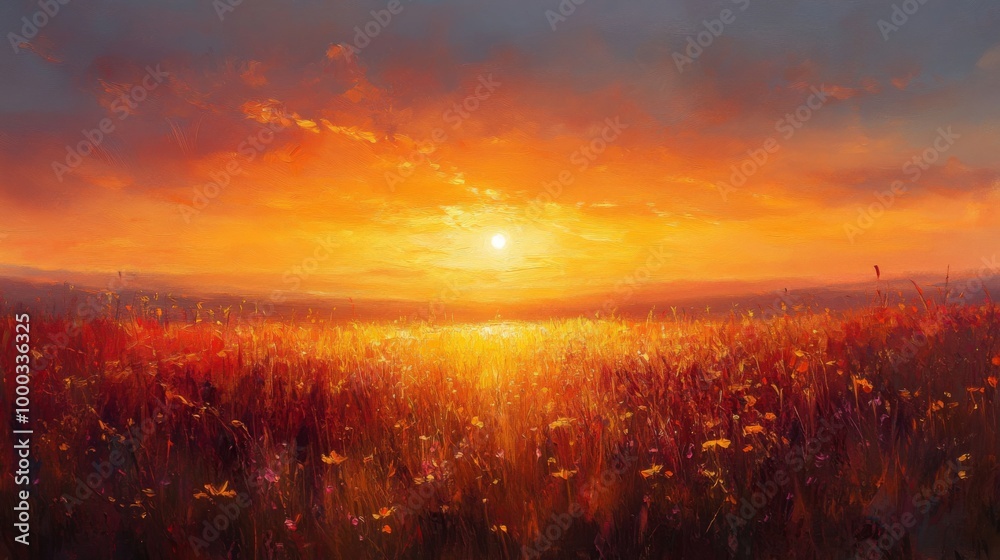 Fototapeta premium Sunset Over Flower Field