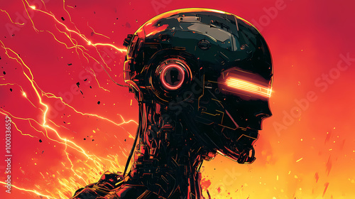 Retro robot rebellion sci-fi cover, electrical spark splatter, menacing android outline. Android Revolt. Illustration