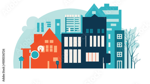 Modern Real Estate Business Concept Flat Design Vector Illustration of Urban Buildings and Residential Housing Design Elements