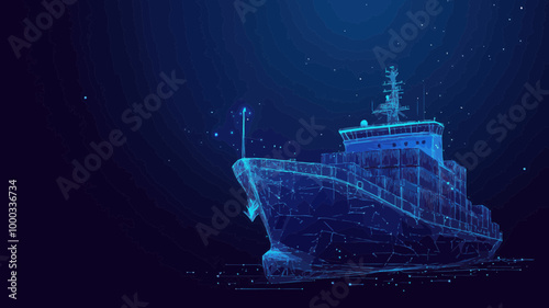 Abstract Low Poly 3D Cargo Ship in Starry Digital Mesh - Transportation, Logistics, International Shipping, Dark Blue Background, Minimalist Technology Vector Illustration