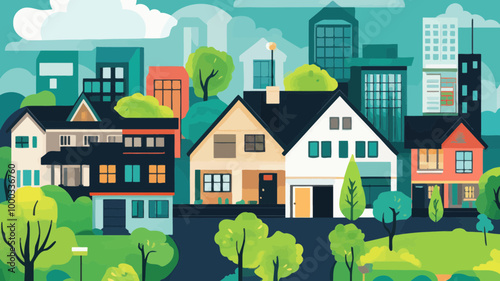 Colorful Urban Real Estate Neighborhood Concept Illustration Featuring Residential Houses and City Skyline in Flat Design