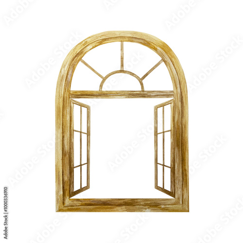 Wooden window frame with open shutters, vertical. Hand drawn watercolor illustration isolated on white. For certificates and invitations, postcards, posters, banners, labels.