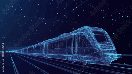 Abstract Polygonal 3D Wireframe of Modern Train at Railway Station, Digital Vector Mesh Rapid Transit System, Transportation and Railway Logistics Concept in Dark Blue Starry Style