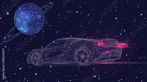 Futuristic Sport Car in Starry Sky, Wireframe Concept, Space-Themed Vector Illustration with Planet and Stars