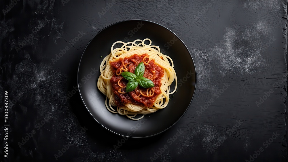 Fototapeta premium A plate of spaghetti topped with tomato sauce and basil on a dark background.