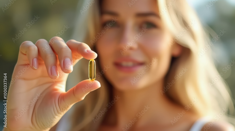 A smiling woman showcases a vitamin capsule in her hand, emphasizing her commitment to a healthy lifestyle. The bright background highlights her vibrancy A smiling woman showcases a vitamin capsule in her hand, emphasizing her commitment to a healthy lifestyle. The bright background highlights her vibrancy
