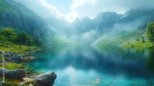 Tranquil mountain lake with mist and sunlight.