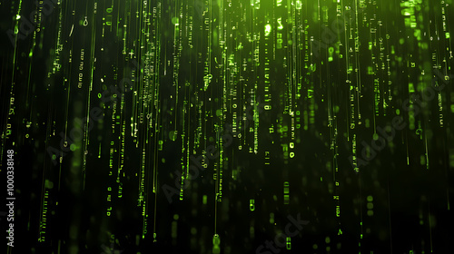Matrix code rain wallpaper neon green alphanumeric symbols flowing down a black background. Digital Rain. Illustration