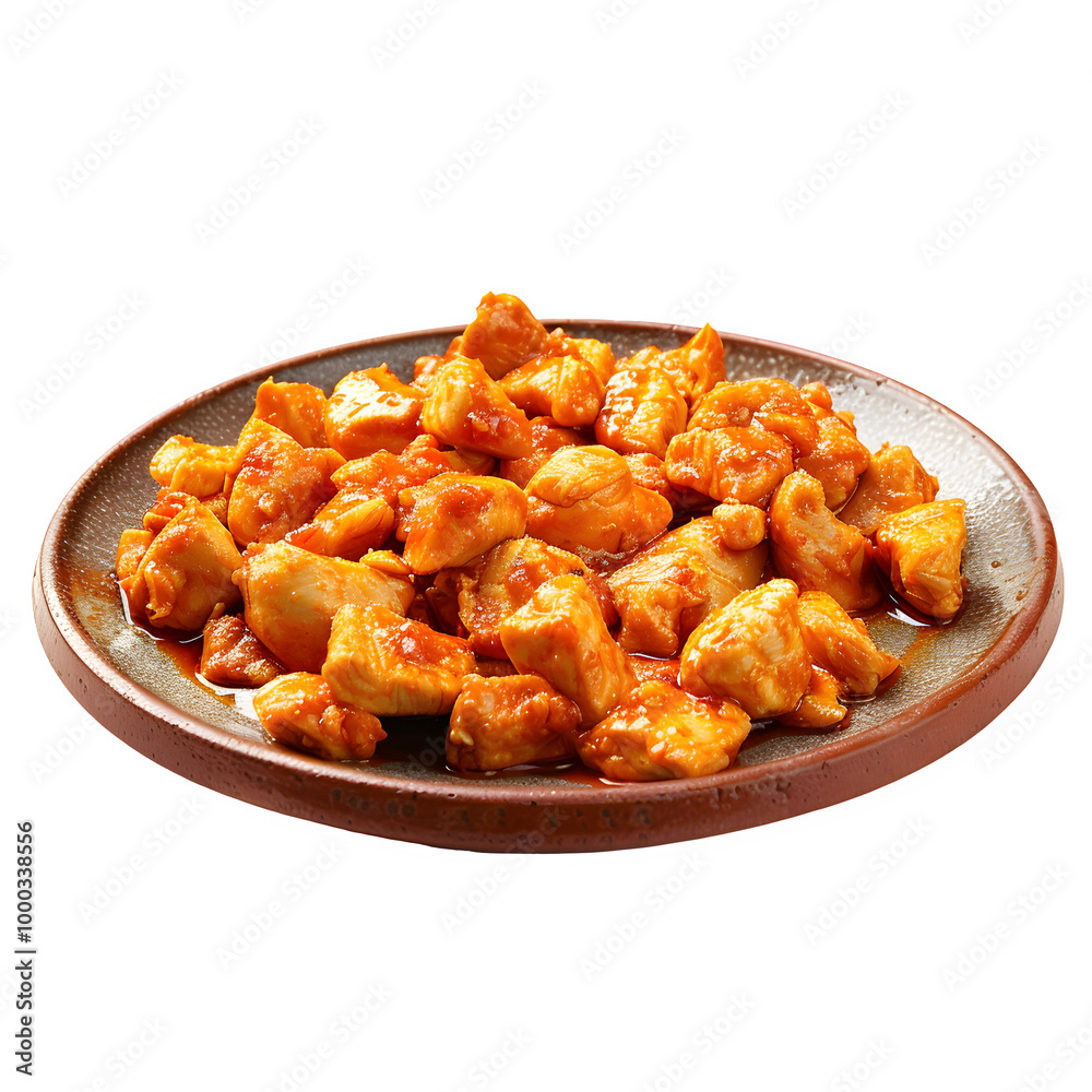 Tasty spicy chicken bites served on a rustic plate, isolated on a transparent background, ideal for food-related designs and advertisements Tasty spicy chicken bites served on a rustic plate, isolated on a transparent background, ideal for food-related designs and advertisements