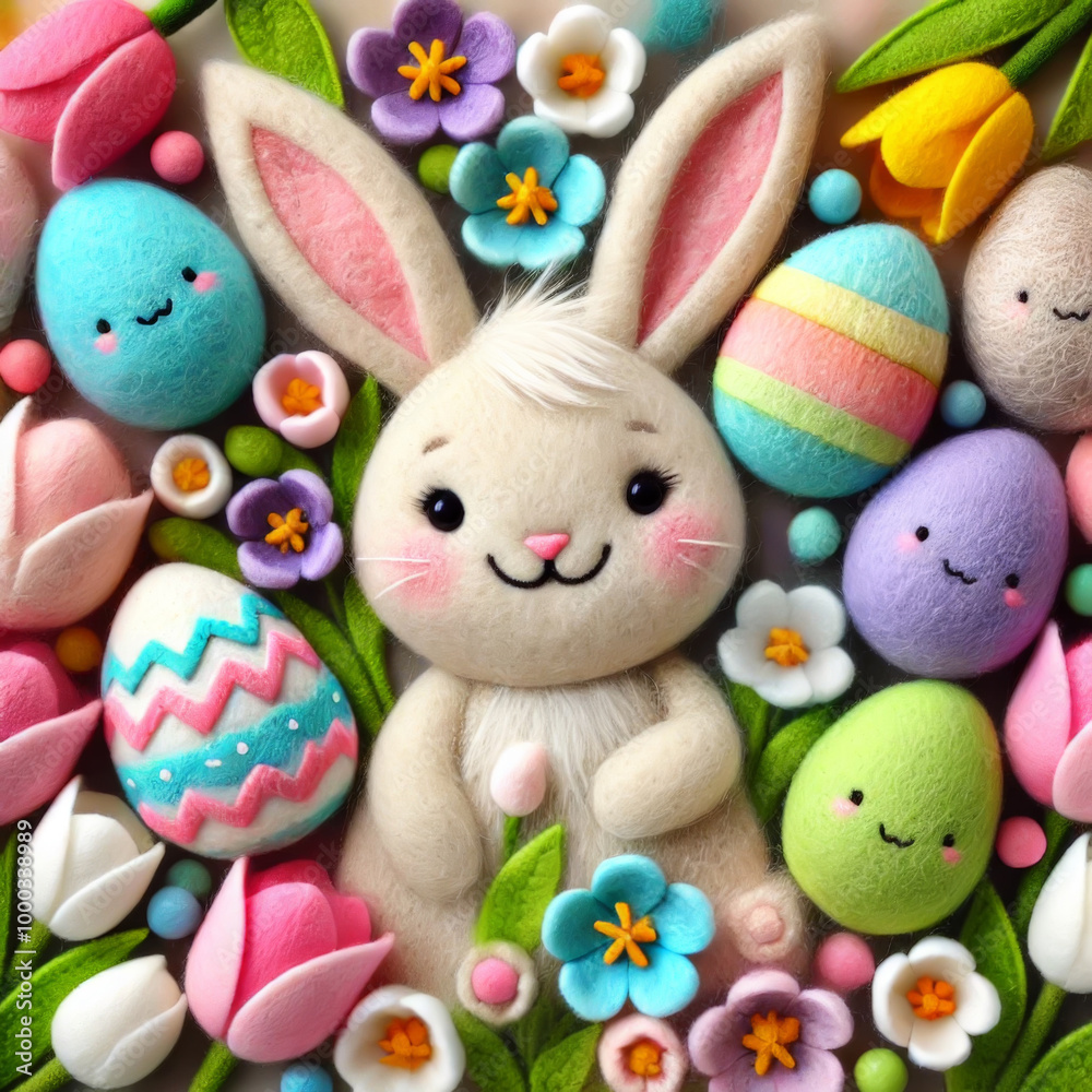 Easter Bunny with Felt Eggs and Spring Flowers Easter Bunny with Felt Eggs and Spring Flowers
