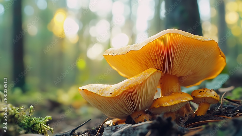 A group of bright yellow mushrooms growing in a forest. A group of bright yellow mushrooms growing in a forest.