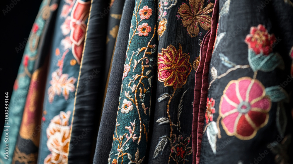 Depict a garment, such as a jacket, dress, or scarf, featuring intricate embroidery. Show how embroidery enhances the fabric, adding elegance and personal flair to the clothing. Depict a garment, such as a jacket, dress, or scarf, featuring intricate embroidery. Show how embroidery enhances the fabric, adding elegance and personal flair to the clothing.