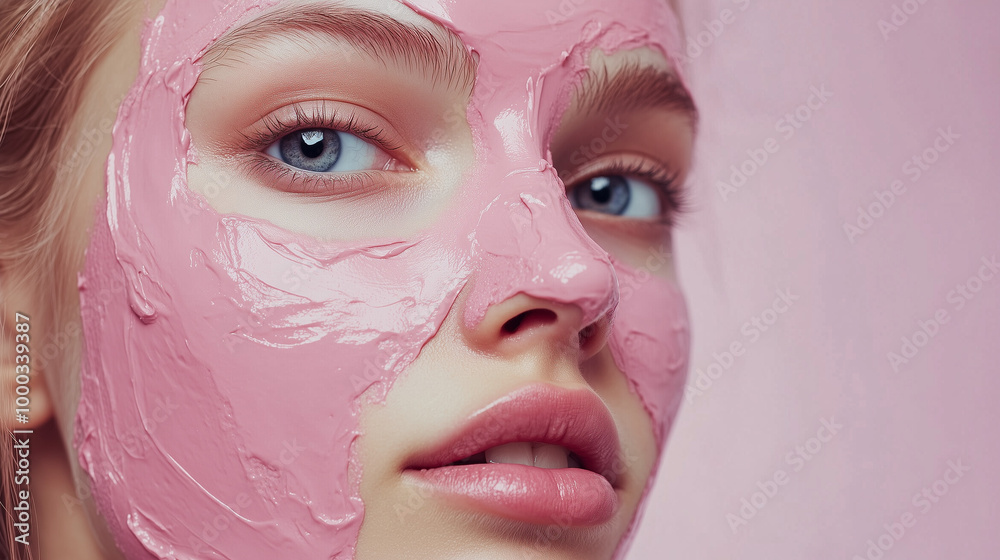 Young female with cosmetic pink clay mask, white background Young female with cosmetic pink clay mask, white background
