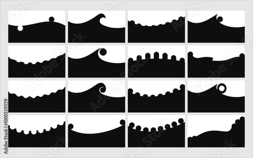 Set of separators, shapes for websites and mobile apps. Curves, lines, drops, waves, circles and dividers for top or bottom page. Frame of header. Grunge shapes, corners