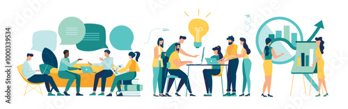 workshop talk workers people are sitting at negotiating table, vector collective thinking and brainstorming, company information analytics Vector illustration group of people Discussion speech bubbles