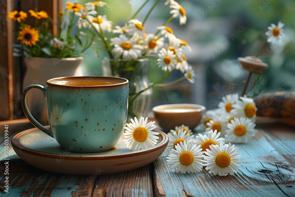 Cup of medicinal chamomile tea on a wooden