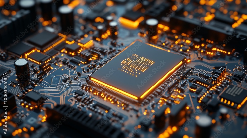 High-Tech Circuit Board with Glowing Chip
