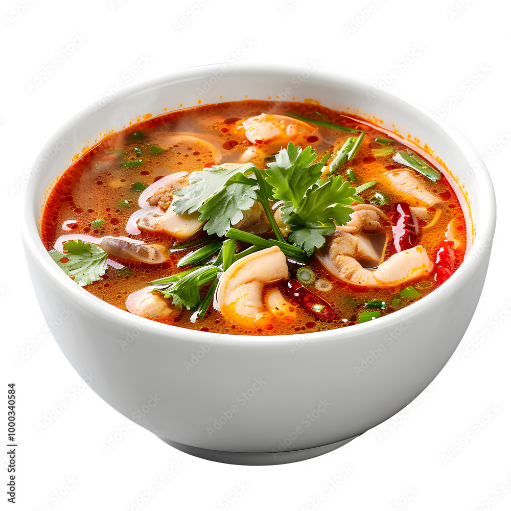 Bowl of authentic thai tom yum soup with shrimp, mushrooms, herbs, and chili, showcasing vibrant colors and fresh ingredients Bowl of authentic thai tom yum soup with shrimp, mushrooms, herbs, and chili, showcasing vibrant colors and fresh ingredients