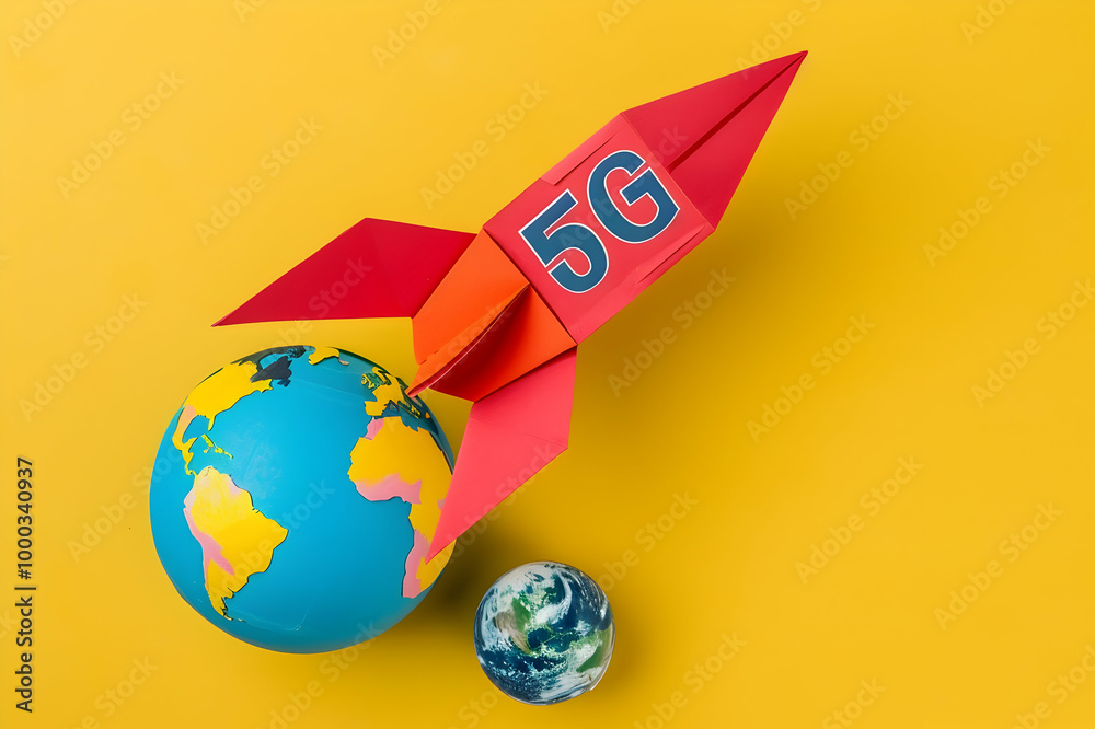 Fototapeta premium top view of paper rocket with 5g lettering near globe on yellow background