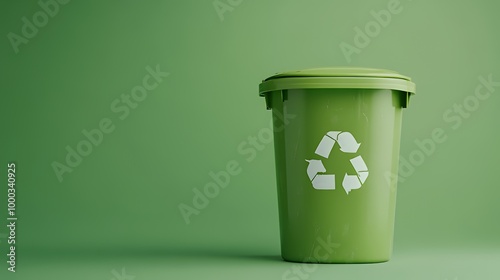 Green recycling bin with recycling symbol on a green background.