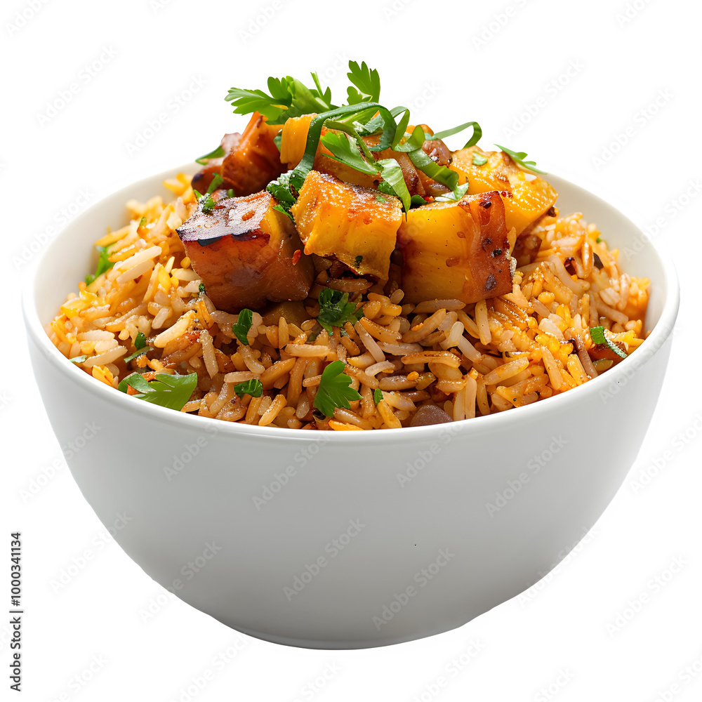 Delicious bowl of spicy fried rice with grilled tofu cubes and fresh herbs on top, ideal for a tasty meal Delicious bowl of spicy fried rice with grilled tofu cubes and fresh herbs on top, ideal for a tasty meal