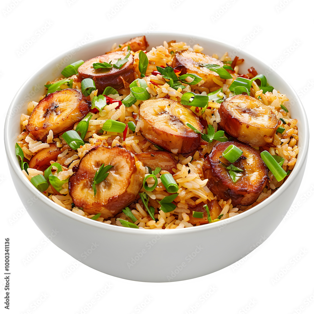 Delicious bowl of fried rice with crispy plantains on top and fresh green onions sprinkled on top, making a colorful and tasty meal Delicious bowl of fried rice with crispy plantains on top and fresh green onions sprinkled on top, making a colorful and tasty meal