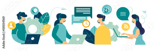 Call center, Customer service, hotline operators consult customers headsets on computers, 24 h, global online technical support, call processing system. design concept of online vector illustration