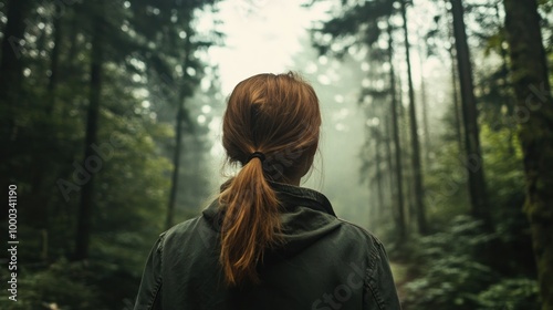 Woman with long brown hair standing in a misty forest photo
