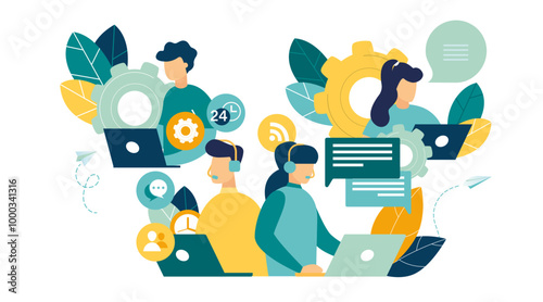 Customer service, hotline operators consult customers headsets on computers, 24 h, global online technical support, Call center, call processing system. Flat design concept of online education vector 