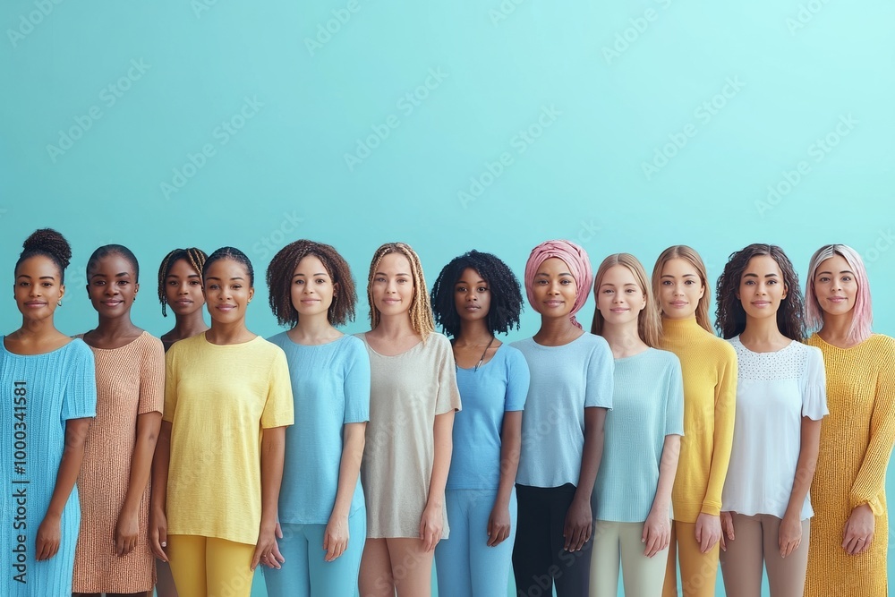 Group of women wearing pastel colored outfits standing together in an outdoor setting symbolizing unity femininity and calm through soft tones and harmonious visual composition Group of women wearing pastel colored outfits standing together in an outdoor setting symbolizing unity femininity and calm through soft tones and harmonious visual composition