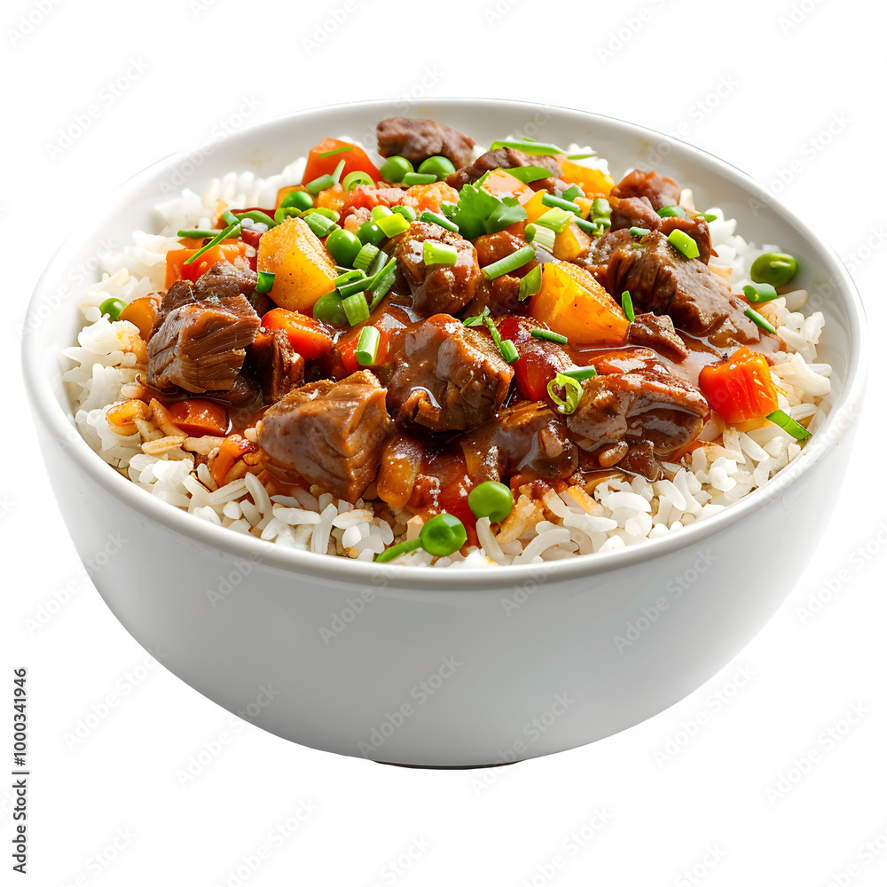 Hearty bowl of beef stew with vegetables served over fluffy white rice, garnished with fresh green onions