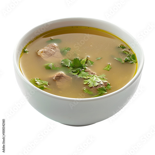 Hot bowl of soup topped with fragrant herbs and juicy meat chunks, ideal for warming up on a chilly day