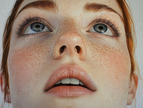 Close-up Portrait of a Woman with Freckles and Blue Eyes #1000343177