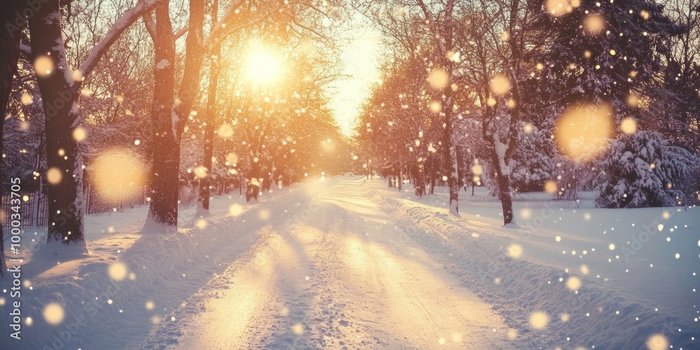 sunlit snow-covered path through a forest, illuminated by warm golden light and soft falling snow. sunlit snow-covered path through a forest, illuminated by warm golden light and soft falling snow.
