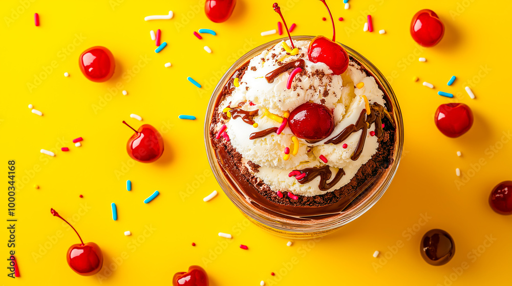 Flat Lay of an Ice Cream Sundae with Vanilla, Chocolate, and Strawberry Layers, Topped with Whipped Cream, Cherries, and Chocolate Sauce on a Bright Yellow Background Flat Lay of an Ice Cream Sundae with Vanilla, Chocolate, and Strawberry Layers, Topped with Whipped Cream, Cherries, and Chocolate Sauce on a Bright Yellow Background