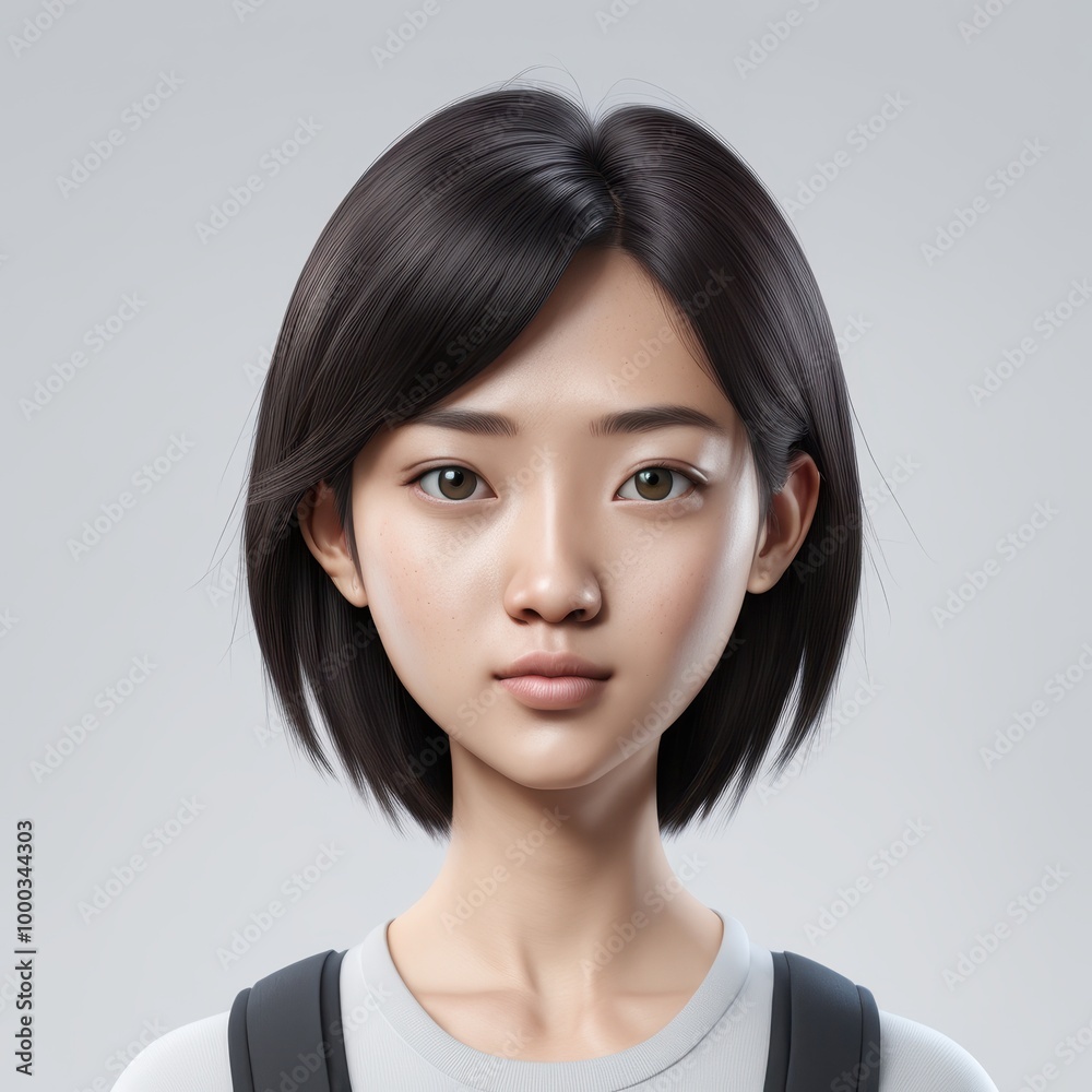 A realistic digital portrait of a young woman with short hair and a neutral expression. A realistic digital portrait of a young woman with short hair and a neutral expression.