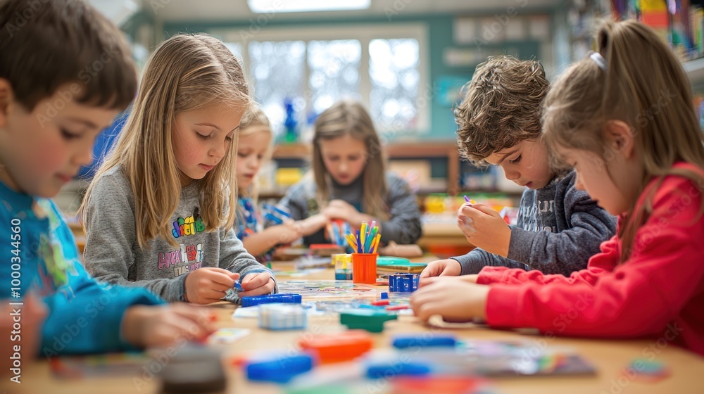 A classroom scene with elementary students engaged in hands-on activities A classroom scene with elementary students engaged in hands-on activities