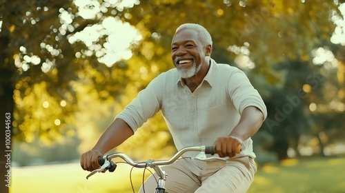 Happy senior Black man riding a bicycle in a sunny park, enjoying the outdoors and the beautiful weather.