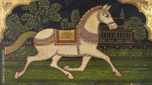 A Tanjore painting of a single running horse. The horse is running on a grassy field illustration image.