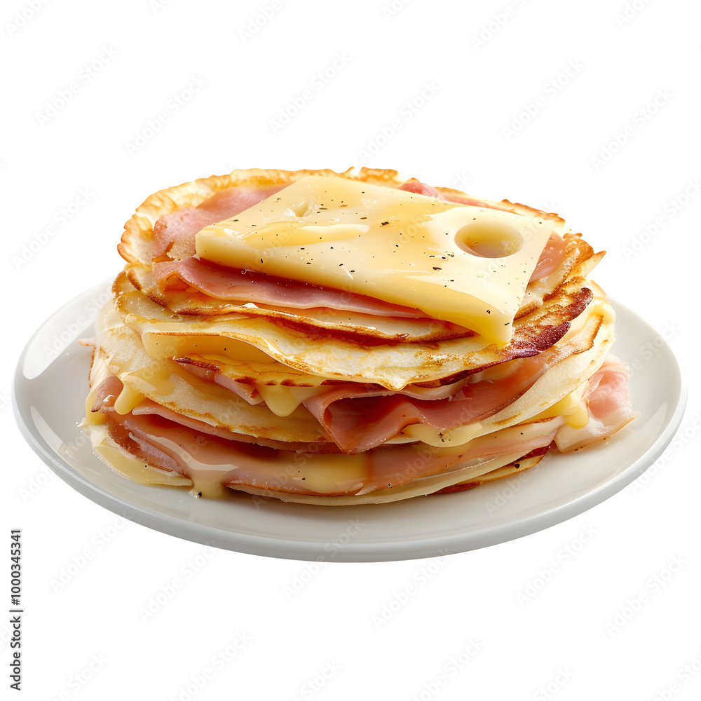 Mouthwatering stack of pancakes layered with slices of ham and cheese, served on a white plate, perfect for breakfast or brunch Mouthwatering stack of pancakes layered with slices of ham and cheese, served on a white plate, perfect for breakfast or brunch