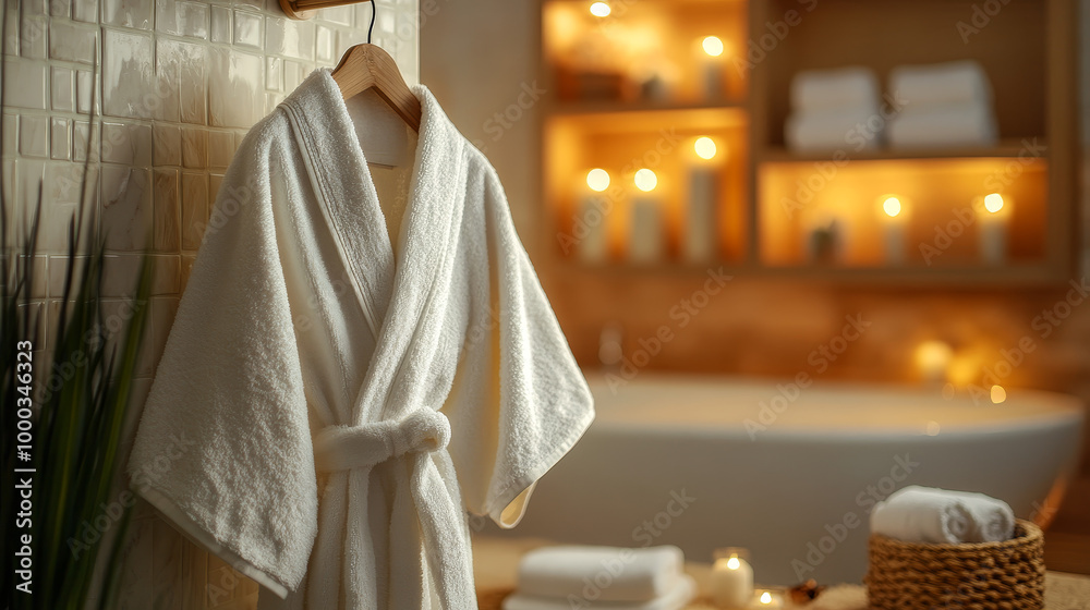 Depict a plush, high-end bathrobe hanging in a spa environment.Include soft textures, calming colors, and elements like a towel rack,a plush bath mat,and a serene setting with candles and aromatherapy Depict a plush, high-end bathrobe hanging in a spa environment.Include soft textures, calming colors, and elements like a towel rack,a plush bath mat,and a serene setting with candles and aromatherapy
