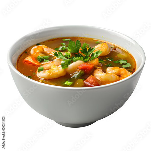 Delicious shrimp soup with a mix of veggies and herbs, served in a white bowl. A satisfying and tasty dish for any meal