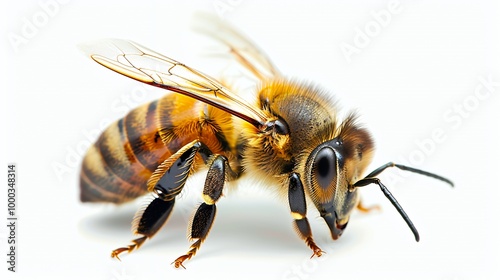 Closeup of a honeybee on a white background.