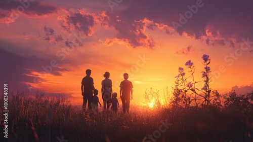 Silhouetted Family Standing in a Field at Sunset